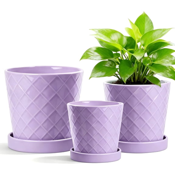 BUYMAX 4",5",6" Dia Planter Set of 3, Modern Style Ceramic Plant Pots with Drainage Hole and Tray for Indoor Outdoor Patio, Lavender Fog