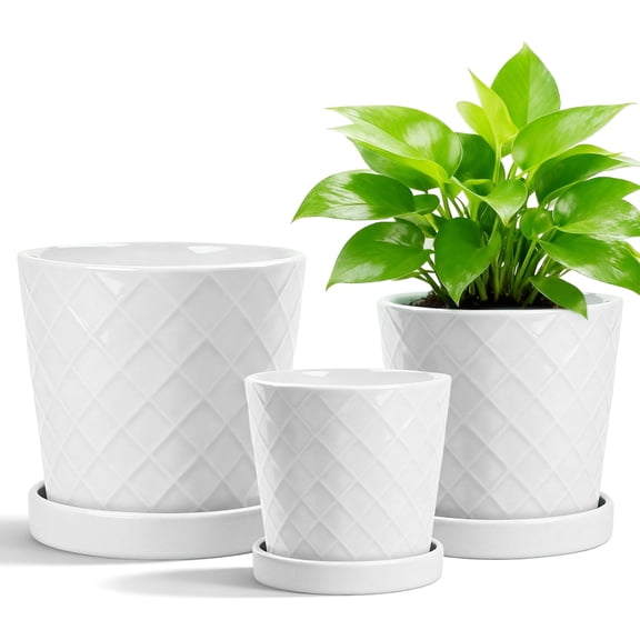 BUYMAX 4",5",6" Dia Planter Set of 3, Modern Style Ceramic Plant Pots with Drainage Hole and Tray for Indoor Outdoor Patio, Crisp Bright White