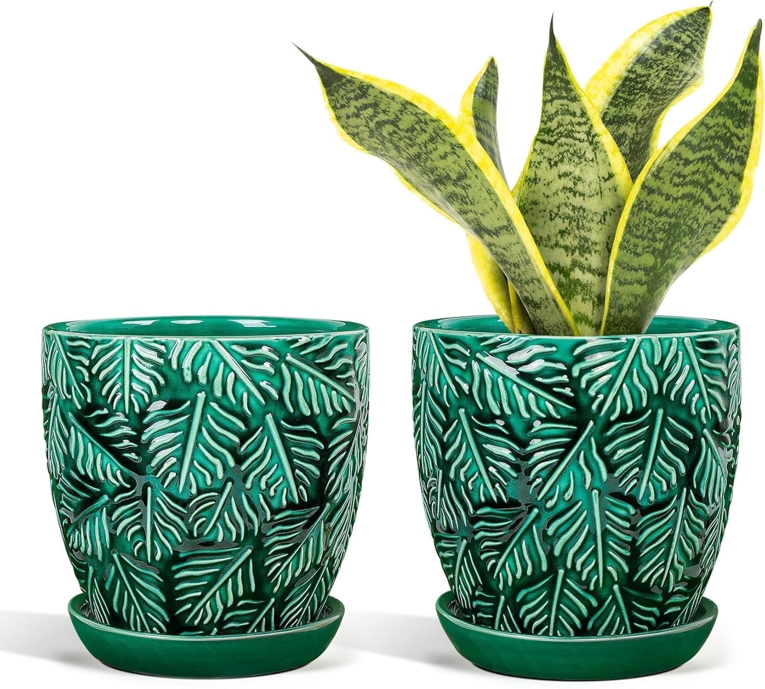 BUYMAX Ceramic Plant Pots, 6 inch Indoor Plant pots with Drainage Hole and Saucer, Flower Pots, Set of 2, Leaf Embossed - Green Glaze