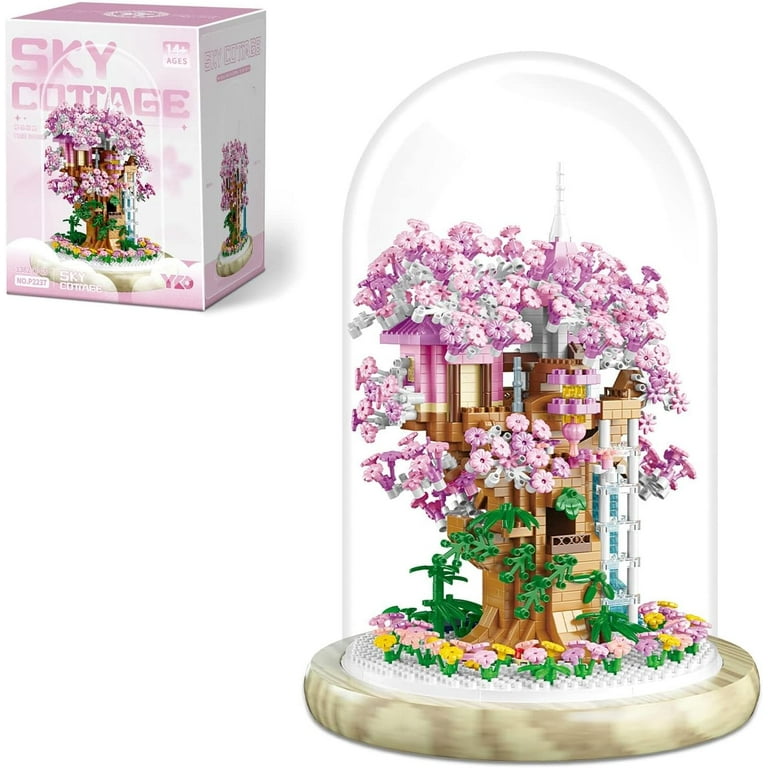 BUYMAX Cherry Blossom Bonsai Tree House Building Set for Adults 1382 Pcs Micro Particle Ideas Sakura Tree Complete with String Lights Dust Cover