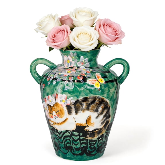 BUYMAX Handmade Ceramic Floral Vase with Sleeping Cat & Butterfly, Hand-Painted Decorative Urn Vase with Handles, 10" Artistic Flower Pot for Farmhouse Table Decor, Unique Gift for Cat Lovers & Home