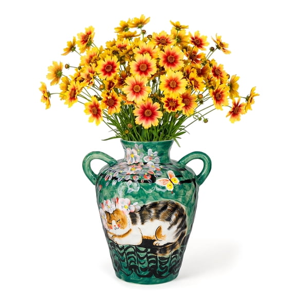 BUYMAX 10-inch Artisan Sleeping Cat Ceramic Vase, Decorative Hand-Painted Flower Pot with Handles for Cat Lovers