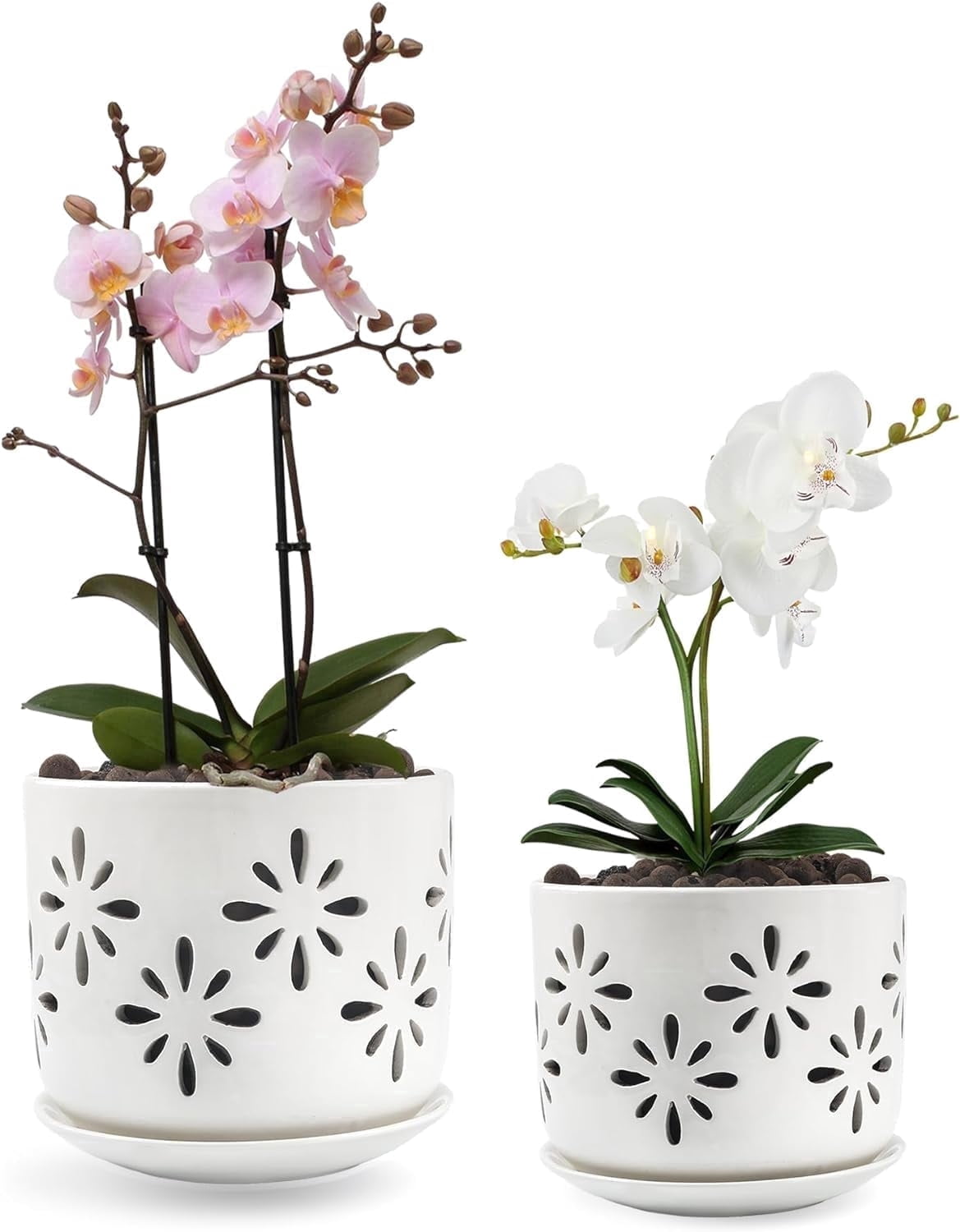 BUYMAX 5" & 6" Ceramic Orchid Pots with Holes and Trays, Blossom Geo Alabaster White, Set of 2