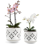 BUYMAX 5" & 6" Ceramic Orchid Pots with Holes and Trays, Blossom Geo Alabaster White, Set of 2
