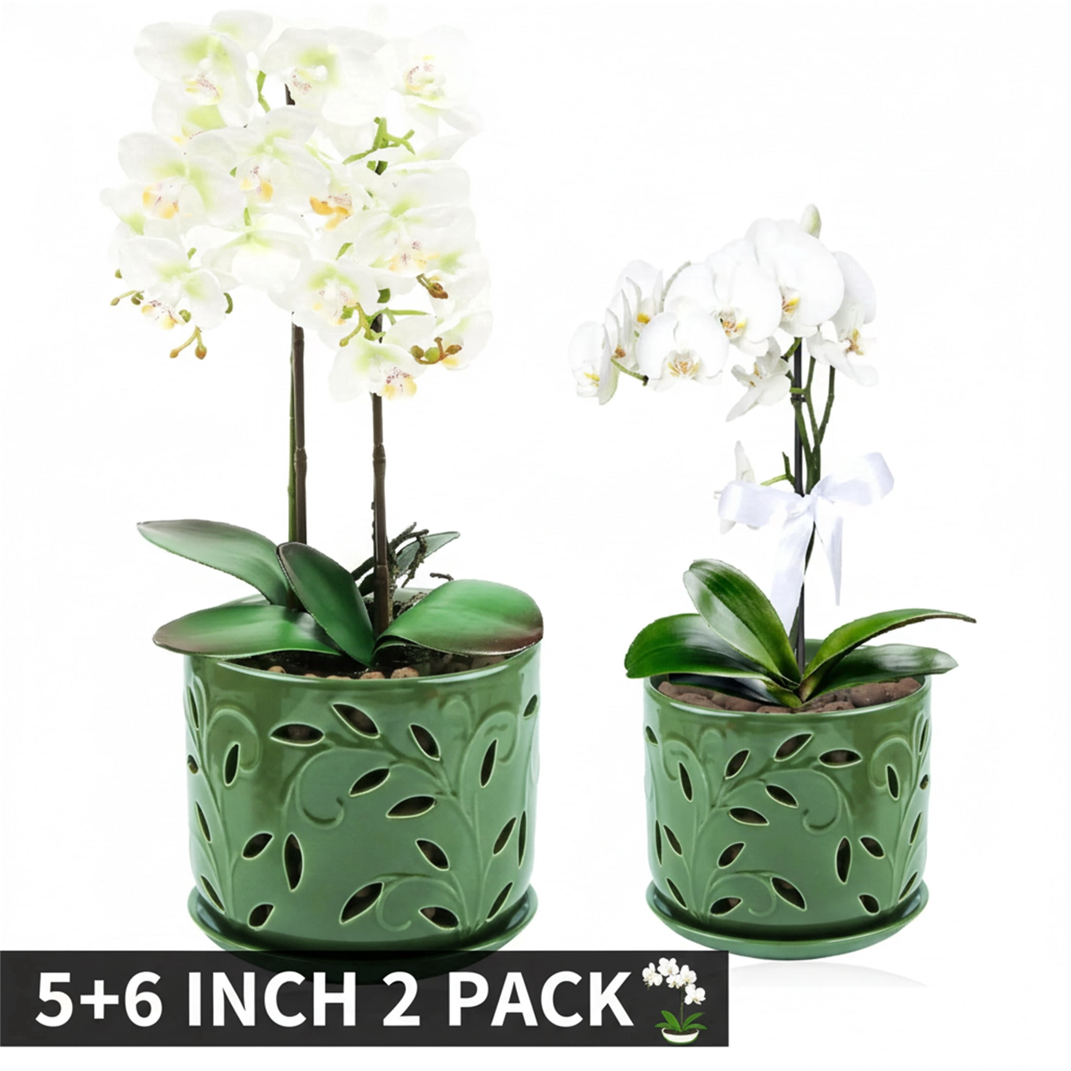 BUYMAX 5" & 6" Ceramic Orchid Pots with Holes and Trays, Leaf Lattice Verdigris Patina, Set of 2