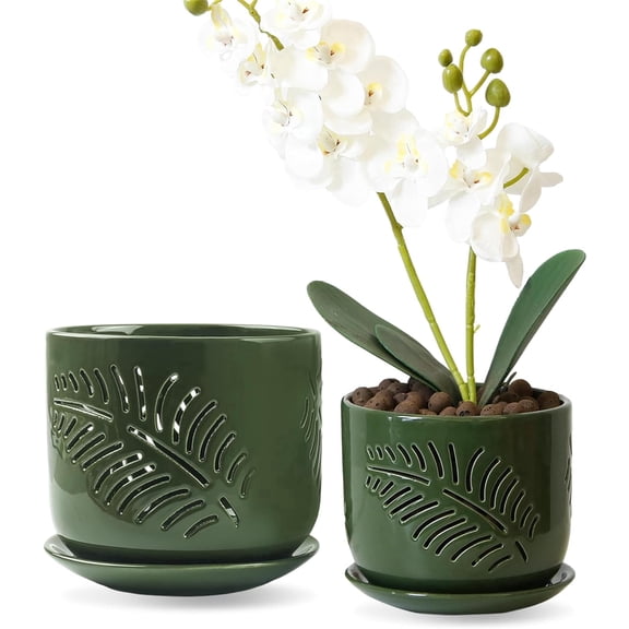 BUYMAX 5" & 6" Ceramic Orchid Pots with Holes and Trays, Island Palm Verdigris Patina, Set of 2