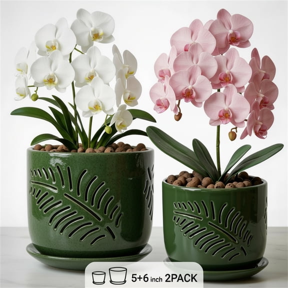 BUYMAX 5+6 inch Green Ceramic Orchid Pot with Holes, Indoor/Outdoor Plant Pot with Drainage Holes and Tray, Promotes Air Circulation and Drainage