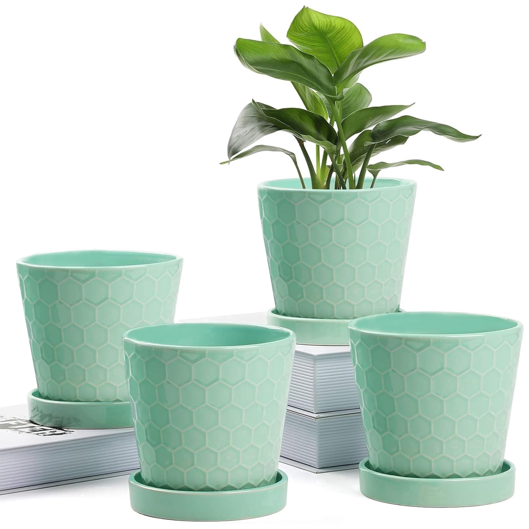BUYMAX 5" Ceramic plant pots with drainage hole and tray, 4-Pack-1-pattern, gardening home desktop office windowsill decoration， mintgreen flower pots indoor