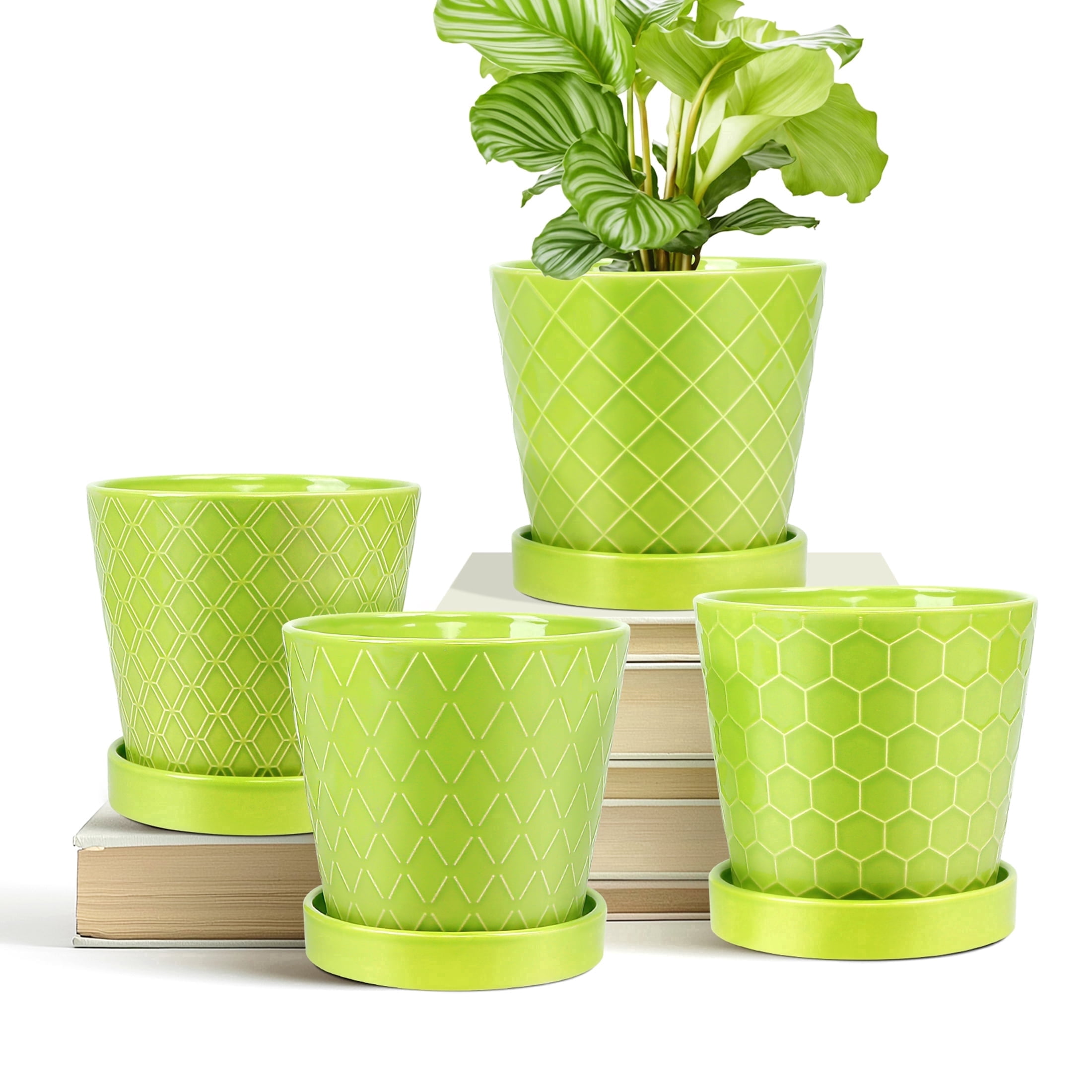 BUYMAX 5" Ceramic plant pots with drainage hole and tray, 4-Pack-4-patterns, gardening home desktop office windowsill decoration， green flower pots indoor
