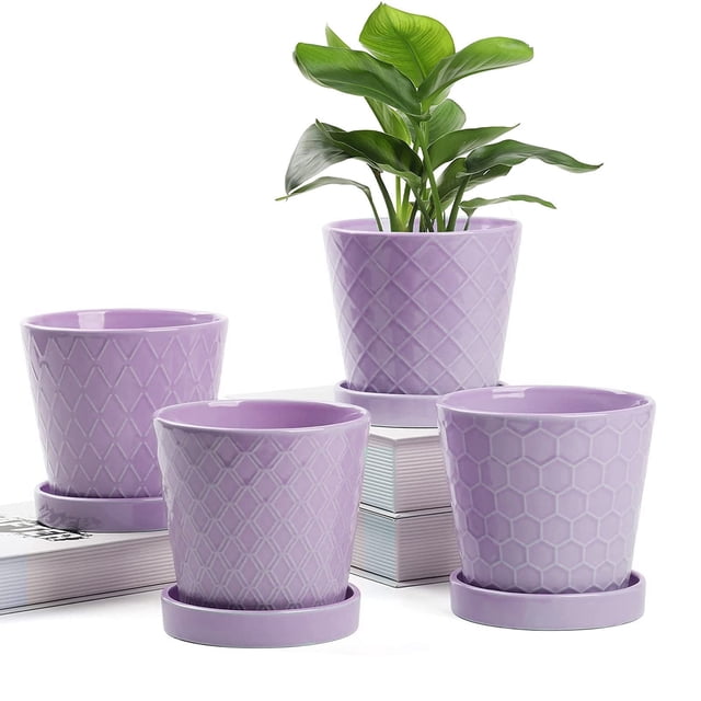 BUYMAX 5Inch Ceramic Flower Pots with Drainage - Set of 4 Purple ...