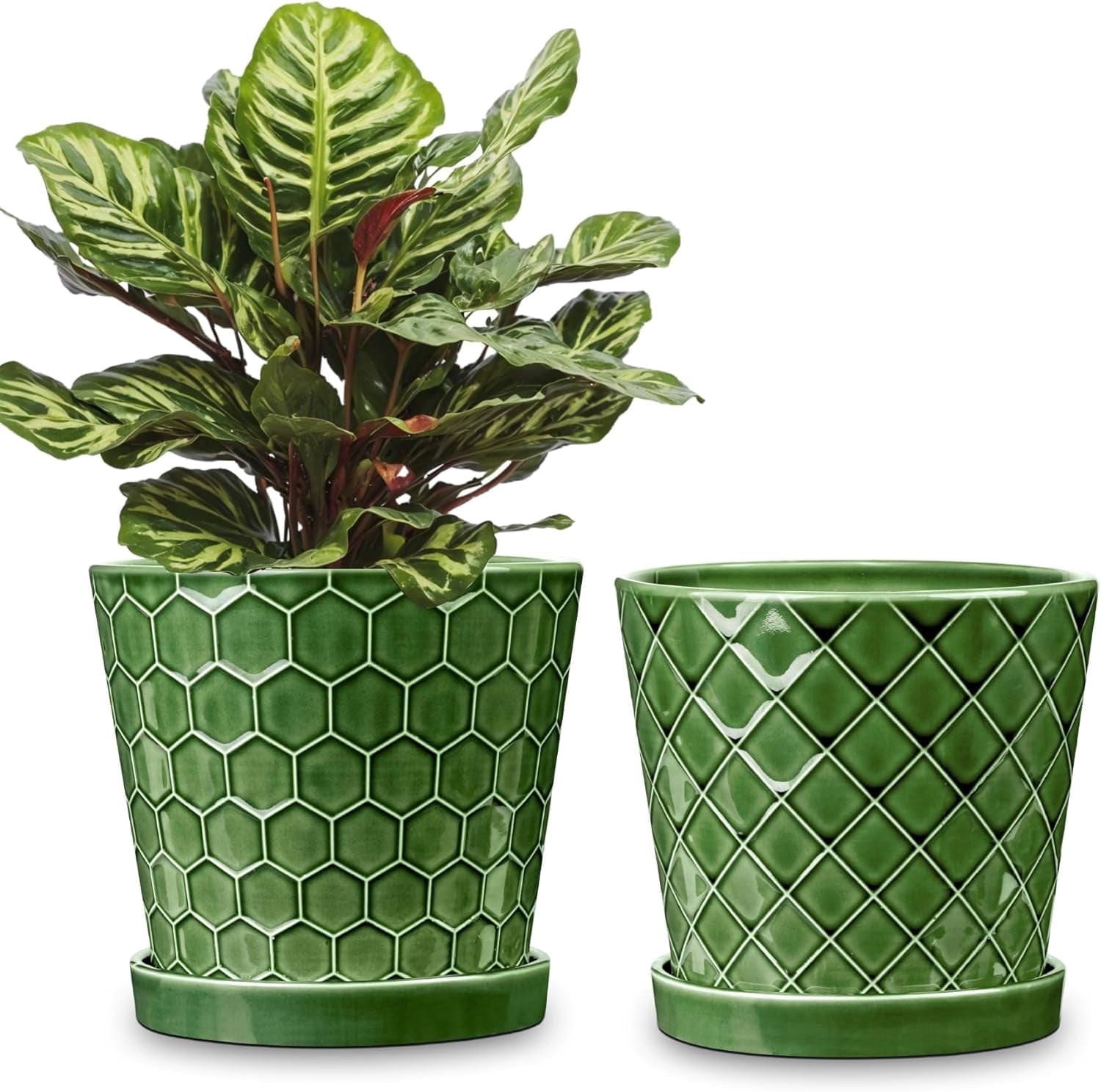 BUYMAX Plant Pots Indoor –6 inch Ceramic Flower Pot with Drainage Hole and Ceramic Tray - Gardening Home Desktop Office Windowsill Decoration, Set of 2(Patina)