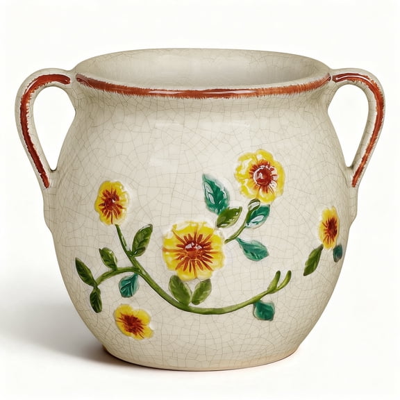 BUYMAX 6 inch Rustic Ceramic Planter with Handles, Embossed Sunflower Pot, Vintage Crackle Glaze Flower Container for Home & Garden Décor