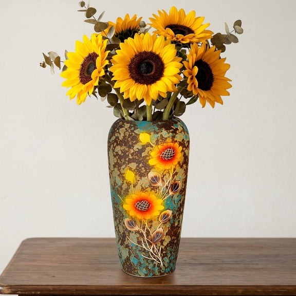 BUYMAX 13.2" Artisan Sunflower Ceramic Vase - Large Hand-Painted Relief Decorative Urn, Rustic Distressed Blue Statement Vase forFarmhouse Decor, Spring Floral Centerpiece & Collectible Art Gift