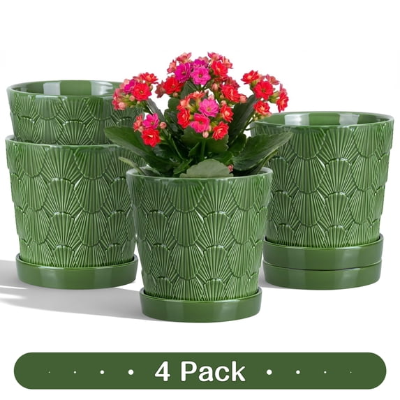 BUYMAX 5 inch Green Ceramic Flower Pots with Scallop Shell Pattern, Set of 4 - Decorative Planters with Drainage Holes & Trays - Perfect for Spring Herbs, Succulents, Windowsill & Balcony