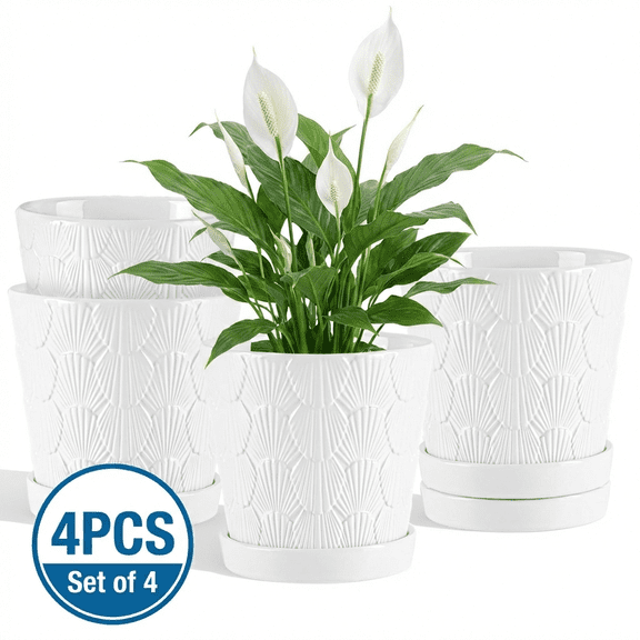 BUYMAX Shell-Embossed 5" Ceramic Plant Pots with Drainage, White Indoor Flower Pots,Bathroom Decor,Set of 4