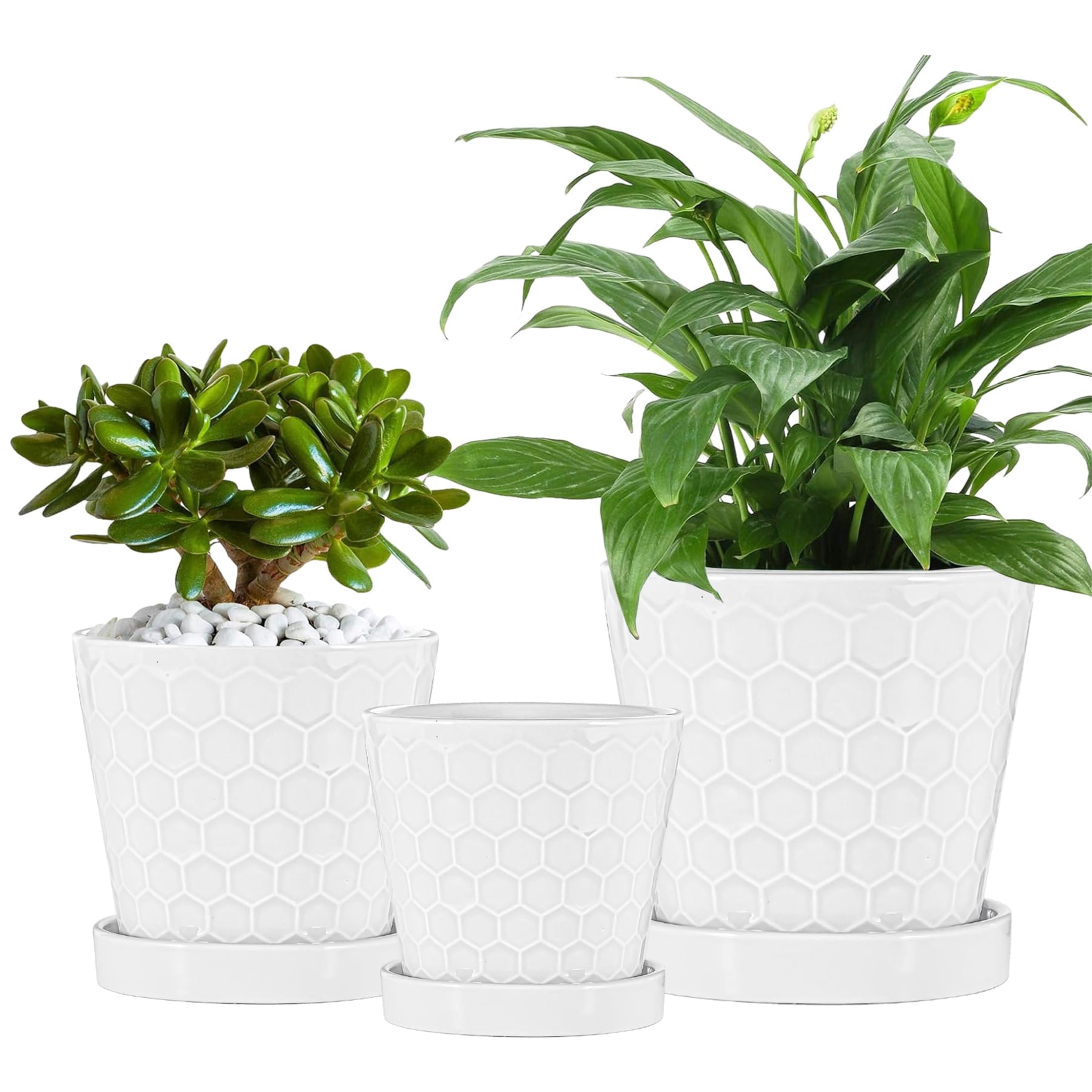 BUYMAX 4",5",6" Dia Planter Set of 3, Modern Style Ceramic Plant Pots with Drainage Hole and Tray for Indoor Outdoor Patio, Cloud Dancer White