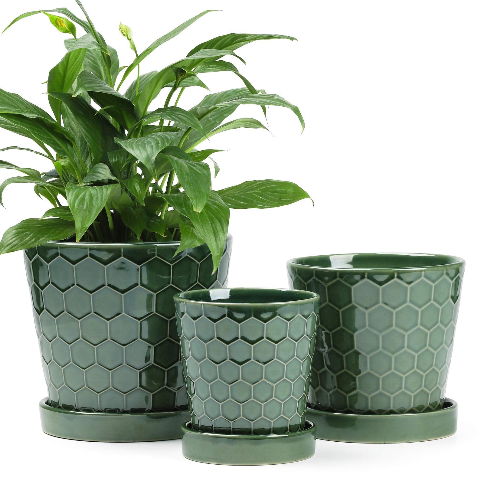 BUYMAX 4",5",6" Dia Planter Set of 3, Modern Style Ceramic Plant Pots with Drainage Hole and Tray for Indoor Outdoor Patio, Forest Green​