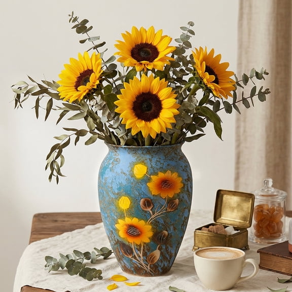 BUYMAX 12" Hand-Painted Sunflower Ceramic Vase, Artisan Blue Decorative Floral Vase for Modern Farmhouse Decor