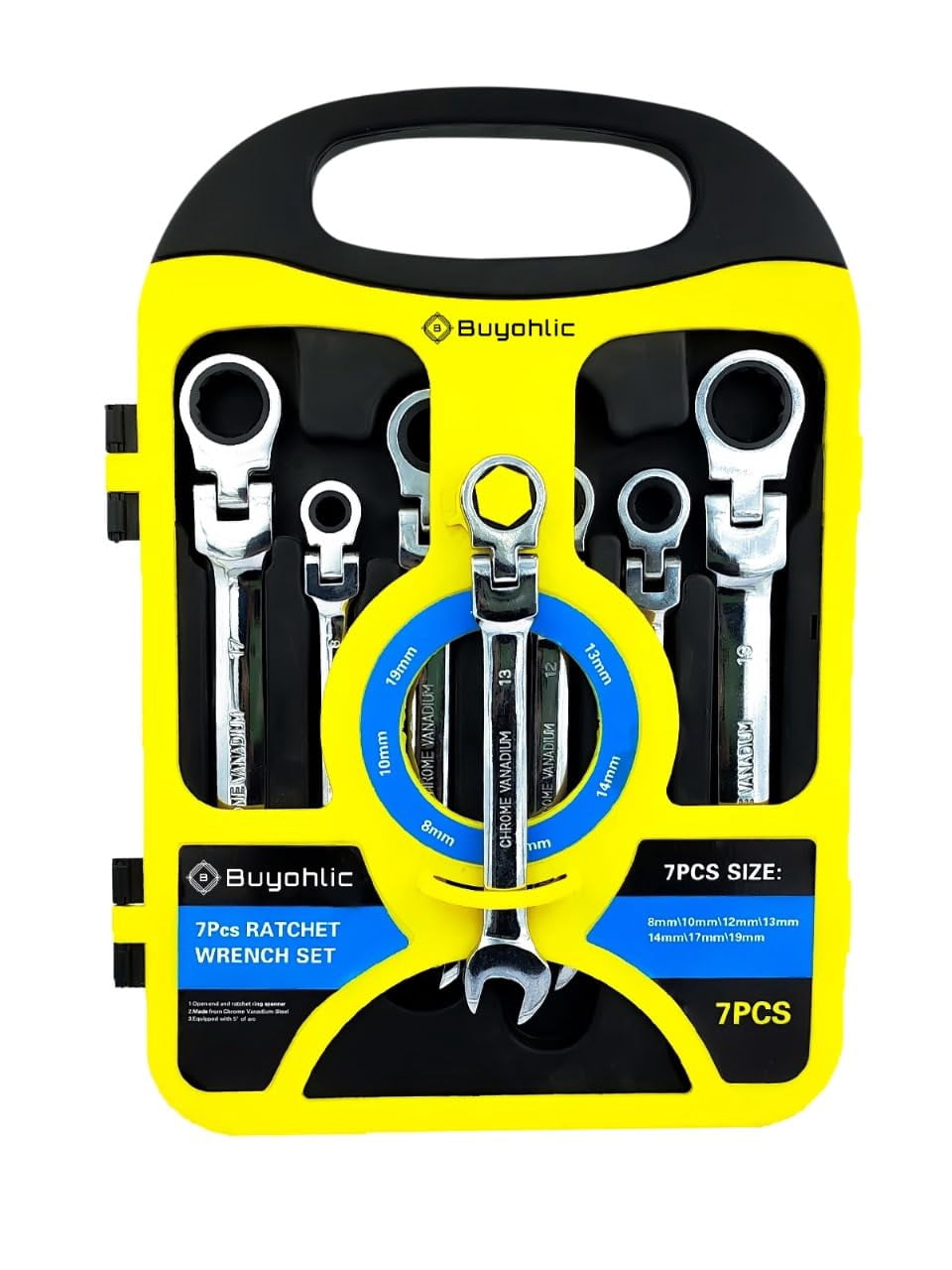 BUYOHLIC 7-Piece Flex-Head Metric Ratcheting Wrench Set Metric 8 to 19mm Standard Spanners CR-V Steel with Organizer Rack