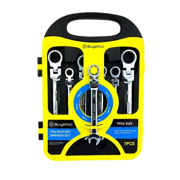 BUYOHLIC 7-Piece Flex-Head Metric Ratcheting Wrench Set Metric 8 to 19mm Standard Spanners CR-V Steel with Organizer Rack