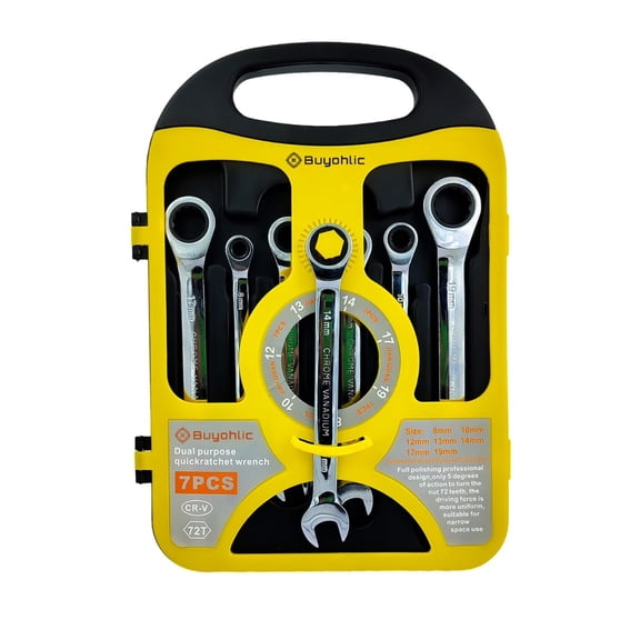 BUYOHLIC 7 pcs Ratchet Wrench Set Metric 8 to 19mm Standard Spanners Combination Wrench Set