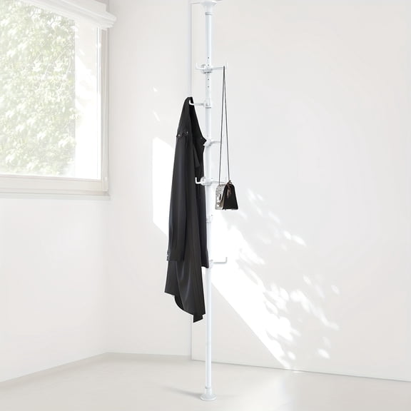 BUYOUMM Freestanding Coat Rack Tension Rod, Adjustable 56–125 Inch with 12 Hooks, Space-Saving Clothes Hanger for Coats, Jackets, Hats and Scarves, Home Organizer