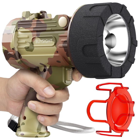 BUYSIGHT Rechargeable Spotlight Flashlight,1000000 LMS Hand held Spot Lights IP67 Waterproof led Flash Lights Boat Spotlight Torch with red Filter (Camouflage Grey)