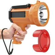 BUYSIGHT Rechargeable Spotlight Flashlight, 120000 lumens 600 Yards Range Solar Spot Lights Hand held Large flashlights Red with red Lens and Side Flood Light Warning Light USB C Recharge Orange