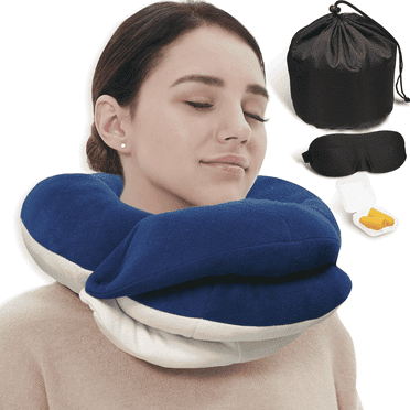 BUYUE Travel Neck Pillows for Airplanes, Skin-Friendly Soft Velvet Filling Down Alternative, 360° Head Support for Long Flight (Adult, Navy Blue, 90+ lbs)