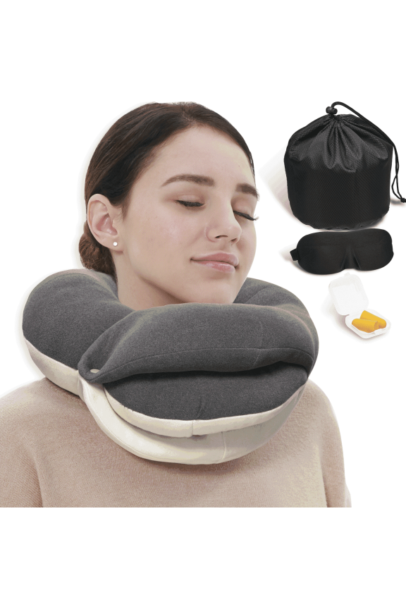 Travel Neck Pillows for Airplanes, 360° Head Support Sleep for Long Flight, Skin-Friendly & Breathable, Kit with 3D Contoured Eye Mask, Earplugs and Storage Bag (Adult, Grey, 90+ lbs)