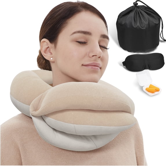 BUYUE Travel Neck Pillows for Airplanes, 360° Head Support Sleep for Long Flight, Skin-Friendly & Breathable, Kit with 3D Contoured Eye Mask, Earplugs and Storage Bag (Adult, Beige, 90+ lbs)