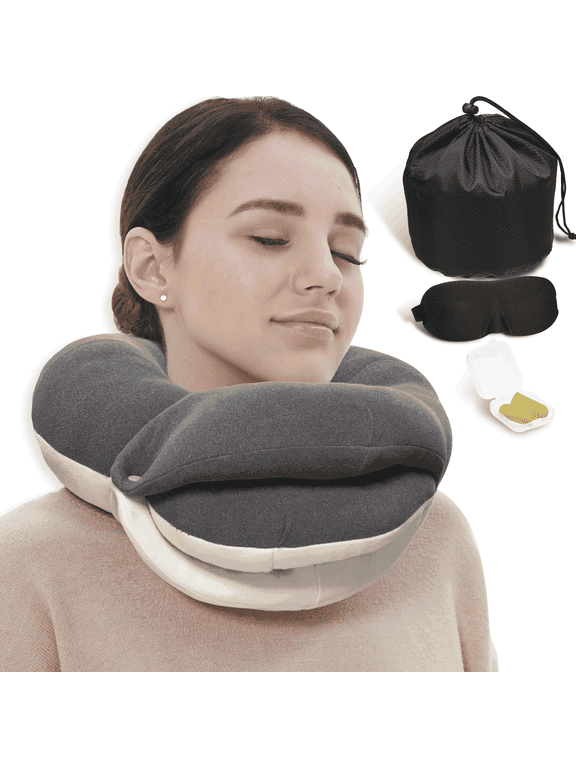 Travel Neck Pillows for Airplanes, 360° Head Support Sleep for Long Flight, Skin-Friendly & Breathable, Kit with 3D Contoured Eye Mask, Earplugs and Storage Bag (Adult, Grey, 90+ lbs)