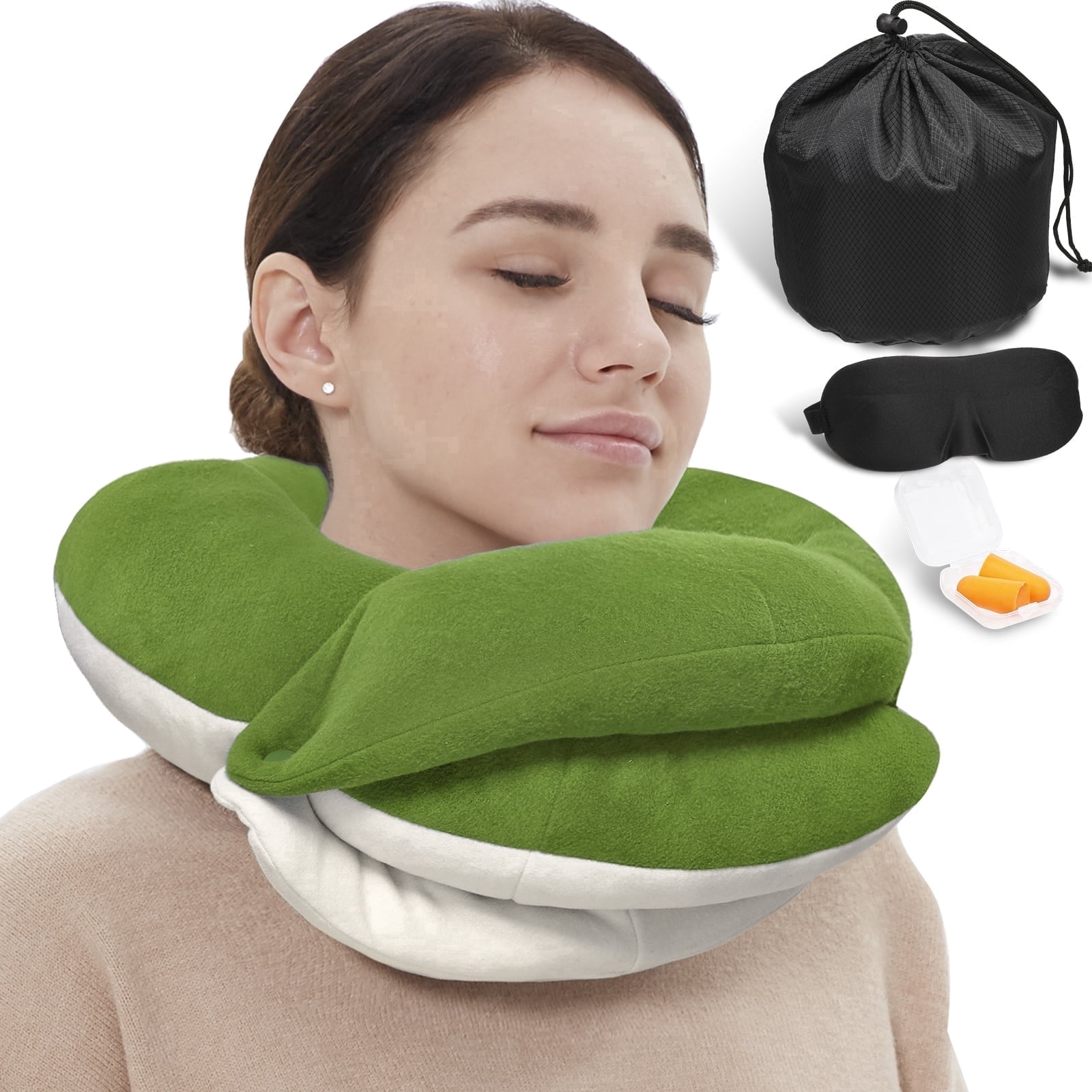 BUYUE Travel Neck Pillows for Airplanes, 360° Head Support Sleep for Long Flight, Skin-Friendly & Breathable, Kit with 3D Contoured Eye Mask, Earplugs and Storage Bag (Adult, Green, 90+ lbs)