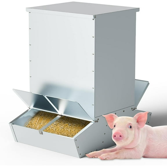 BUYYAH 4 Door Hog Feeder, 9 Bushels Pig Feeder, Heavy Duty Galvanized Steel Piglet Creep Feeder, Outdoor Livestock Feeder Farm Accessory for 20 Full Grown Hogs and Pigs, Silver