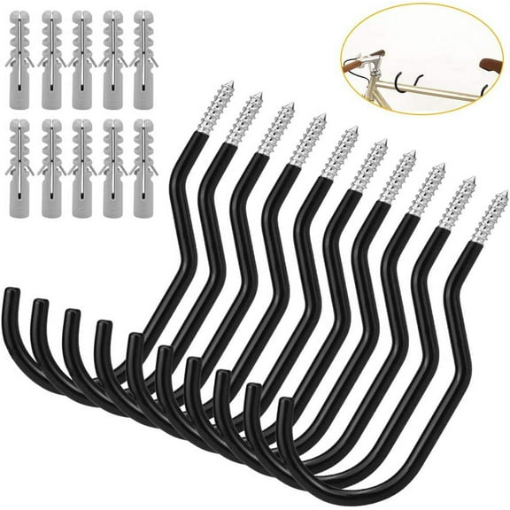 BUZIFU 10 Pcs Bike Hooks Heavy Duty Bicycle Wall Hook Bicycle Hook Screw-in Utility Storage Hangers Plastic Coated Screw Hooks Shed Garage Garden Hook Fits All Bike Types for Wall Mount/Ceiling
