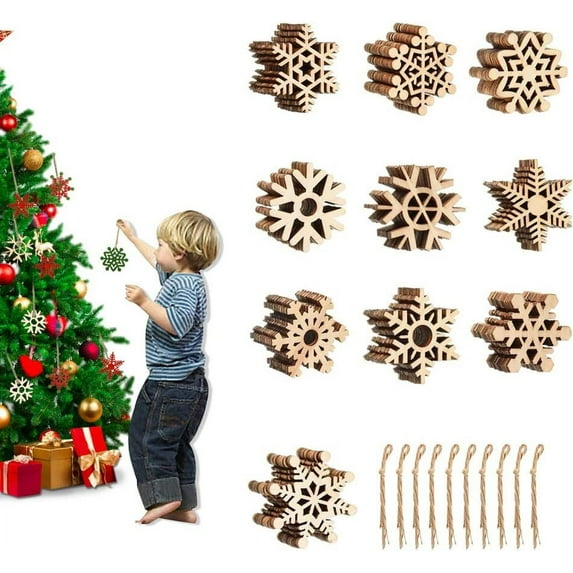 BUZIFU 100 Pcs Christmas Wooden Snowflakes DIY Christmas Tree Hanging Ornaments Unfinished Wood Cutouts Hollowed Snowflakes Embellishments Christmas Decorations for Christmas Home Party Decor