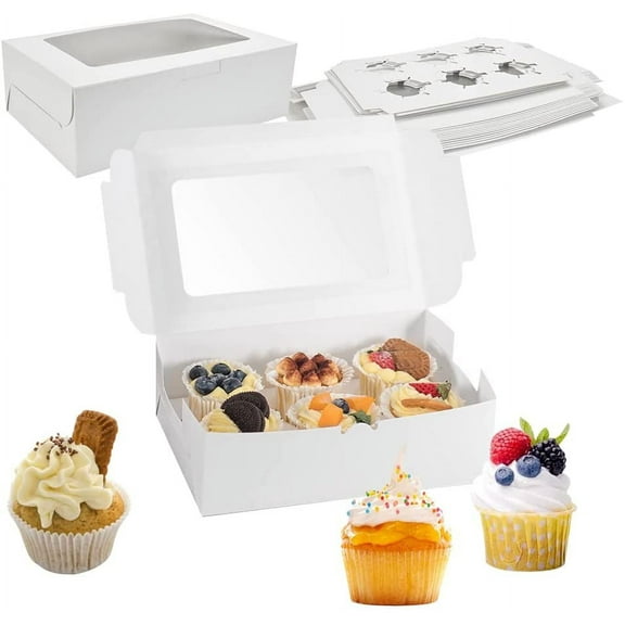 BUZIFU 15 Pcs Cupcake Boxes, 6 Hole Cupcake Box White Bakery Box Muffin Boxes Cupcake Holder Box Cupcake Containers Carriers with Window and Inserts for Cupcake, Muffins, Brownies, Cookies (White)