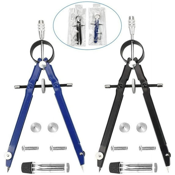 BUZIFU 2 Pack Professional Compass Math Compass Geometry with Lock Screws and Lead Replacement, Metal Drafting Compass Precision Spring Bow Compass Drawing with Wheel for Woodworking, School