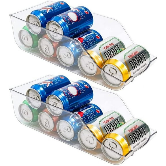 BUZIFU 2 Pack Refrigerator Storage Organizer Bins, Clear Plastic Pantry Storage Racks Kitchen Fridge & Cupboard Storage Trays Refrigerator Tidy Container for Up to Nine Cans, Food, or Soups