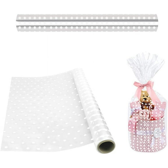 BUZIFU 2 Rolls 15m*41cm Cellophane Wrap Roll White Dot Florist Clear Wrap Wedding Birthday Cellophane Hampers Cellophane Wrapping Gift Paper for Gift Fruit Flower Bouquet Craft Basket Supplies
