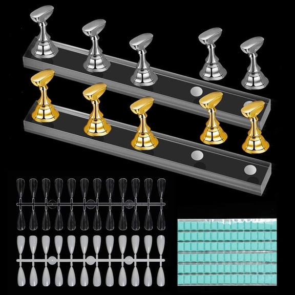 BUZIFU 2 Sets Magnetic Acrylic DIY Fingernail Nail Art Display Stand,144pcs Practice Nail Tips, 90pcs Reusable Adhesive Clay, Professional Nail Art Practice Tools