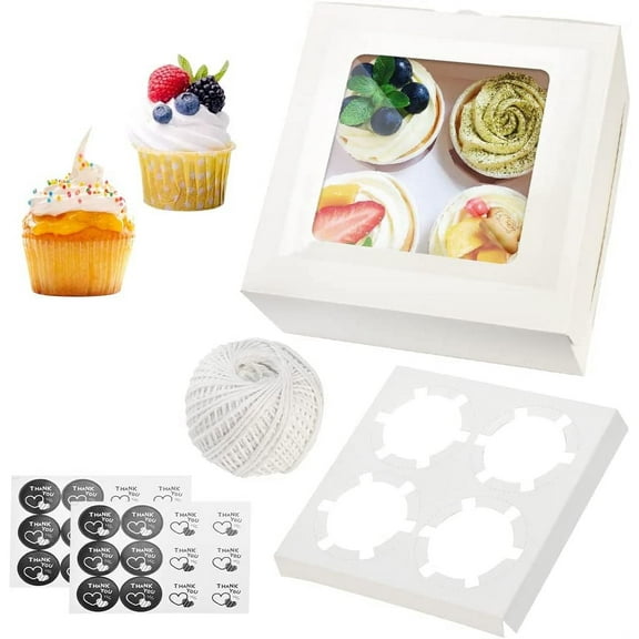 BUZIFU 20 Packs Cupcake Boxes, 4 Hole Cupcake Boxes Cupcakes Carrier Cupcake Holder Box Cake Boxes White Bakery Boxes with Window and Inserts for Cupcakes Muffins Donuts & Treats Cookies,16*16*7.5cm
