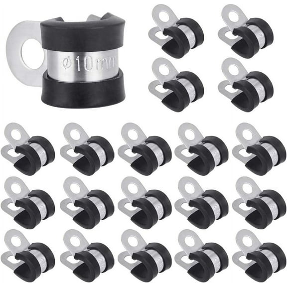 BUZIFU 20 Pcs 10mm Cable Clamp 2/5 Inch Rubber Lined P Clips Stainless Steel Cable Clamp Hose Pipe Clamp Rubber Wire Clamp Pipe/Wire Cord Installation Clamp for Ship Electrical Automotive Hose Cable