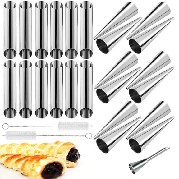 BUZIFU 24 PCS Cannoli Tube Stainless Steel Screw Croissant Mold Cannoli Moulds Non-Stick Cream Roll Mold Pastry Roll Horn Tube with Cleaning Tube Brush for Baking Danish Crisps, Sliver