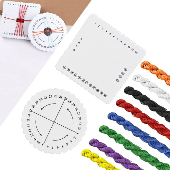 BUZIFU 2pcs Kumihimo Disks Set Round Square Kumihimo Beading Cord Disc Braiding Plate Handmade Bracelet Braided Weaving Board with Nylon Knotting Cord Macrame Thread 8 Colors Beading String