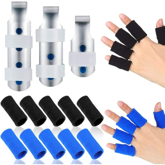 BUZIFU  3 Pieces Finger Splints Metal Finger Support Finger Stabilizer in 3 Sizes and 20 Pieces Finger Sleeves Protectors Thumb Brace Support Elastic Compression Protector for Sports
