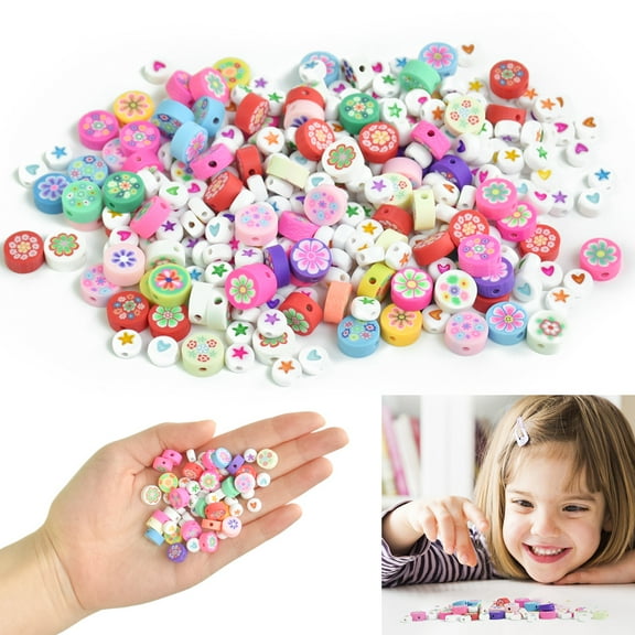 BUZIFU 300PCS Polymer Clay BeadsAcrylic Beads Clay Beads Charms Star Beads Heart Flat Beads Colourful Spacer Beads Round Flower Beads for Girls Jewelry Making DIY Craft Bracelet Making Kit