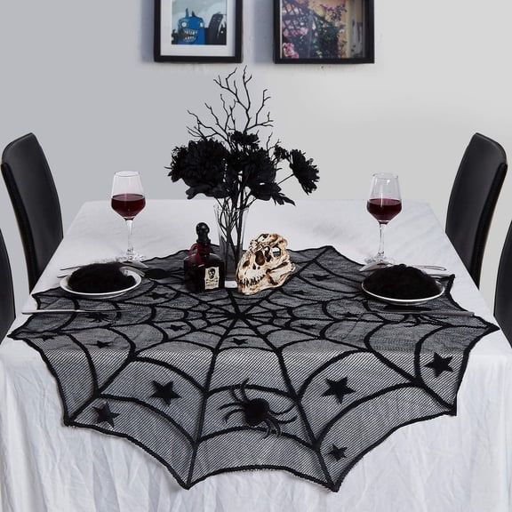 BUZIFU 40 Inch Halloween Tablecloth Round Spider Web Lace, Halloween Table Cloth, Black Spider Web Tablecloth Halloween Lace Cobweb Tableclothes, Halloween Lace Tablecloths for Halloween Decoration
