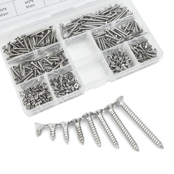 BUZIFU 400 Pcs M3 Self-Tapping Screws Kit Stainless Steel Lock Nut Wood Thread Nails Phillips Screw Sets Flat Head Rust Proof Wood Screw Kit with Box for Homemade Repair(6/8/10/12/16/20/25/30mm)
