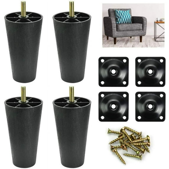 BUZIFU 4pcs Sofa Legs Plastic Sofa Couch Feet Universal Chair Bed Legs Black Tapered Furniture Feet Replacement Legs with Leg Mounting Plates/Screws for Furniture Table Cabinet (LegHeight: 12cm)